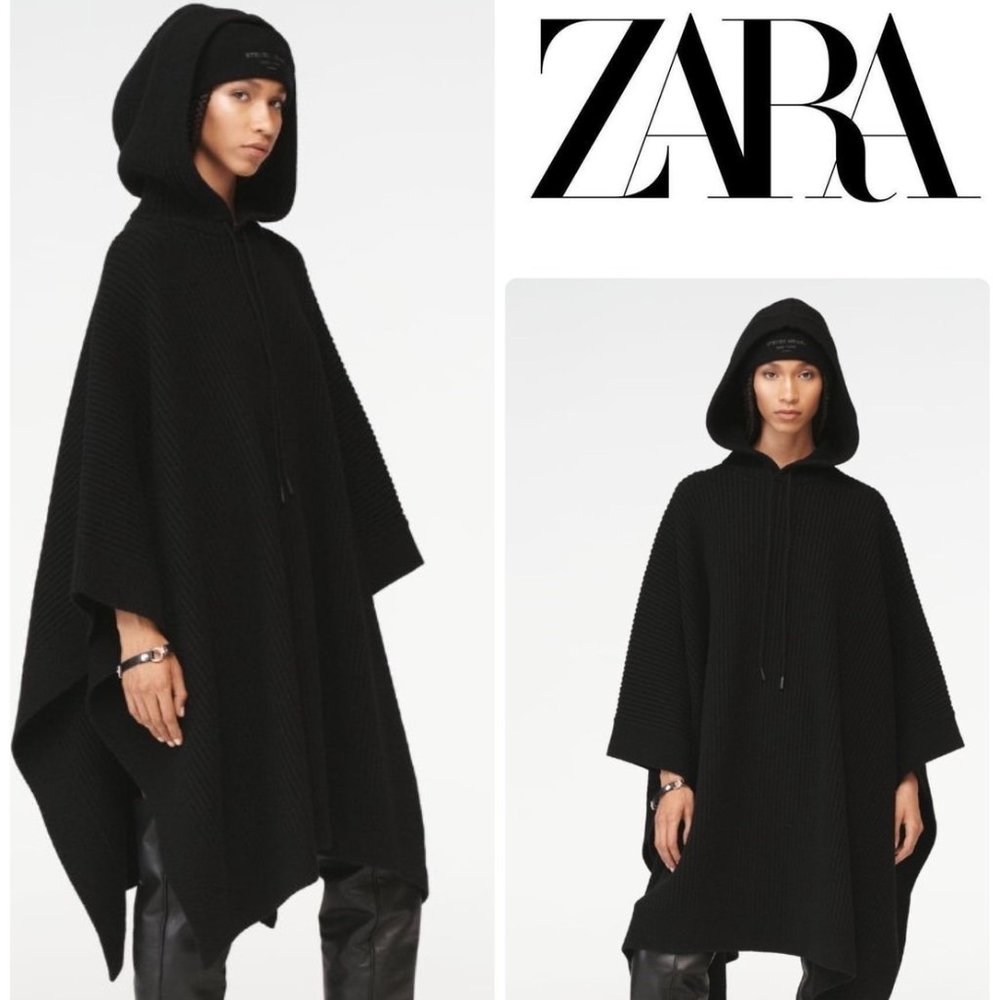 Zara 100% Wool Oversized Poncho Steven Meisel Black Size M-L